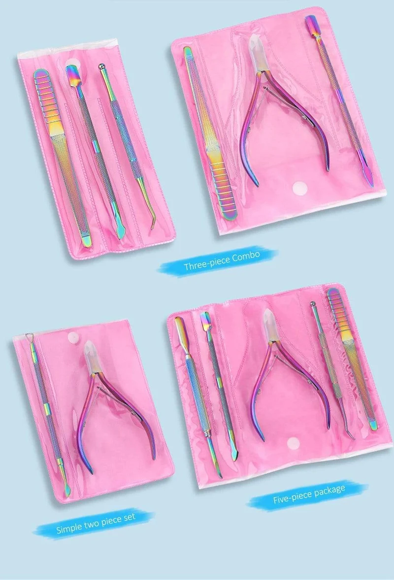 Multi-Typ Regenbogen Edelstahl Nail Art Tools Nagelhautschieber abgestorbene Hautzellen Gabel Gel Entferner Nipper Pinzette Pediküre Maniküre Set