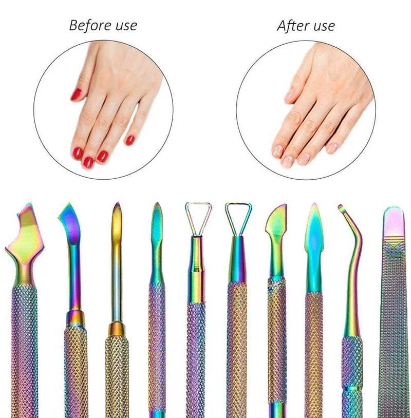 Multi-Typ Regenbogen Edelstahl Nail Art Tools Nagelhautschieber abgestorbene Hautzellen Gabel Gel Entferner Nipper Pinzette Pediküre Maniküre Set