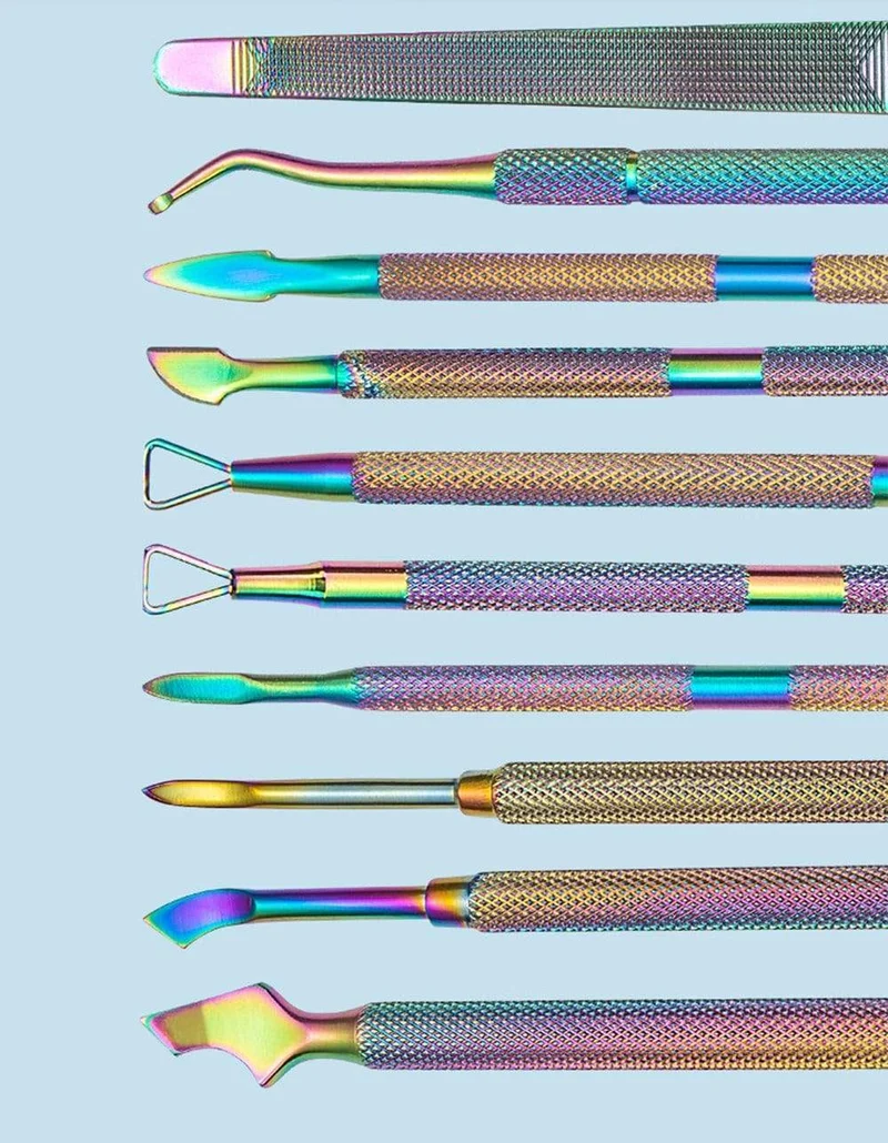 Multi-Typ Regenbogen Edelstahl Nail Art Tools Nagelhautschieber abgestorbene Hautzellen Gabel Gel Entferner Nipper Pinzette Pediküre Maniküre Set