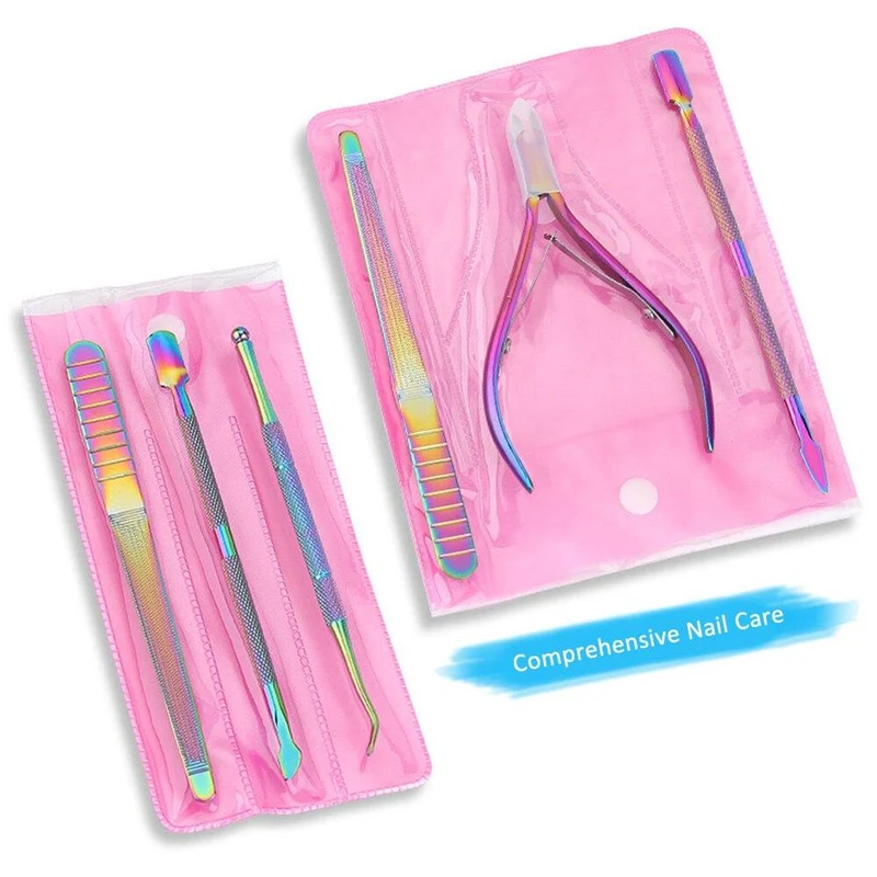 Multi-Typ Regenbogen Edelstahl Nail Art Tools Nagelhautschieber abgestorbene Hautzellen Gabel Gel Entferner Nipper Pinzette Pediküre Maniküre Set