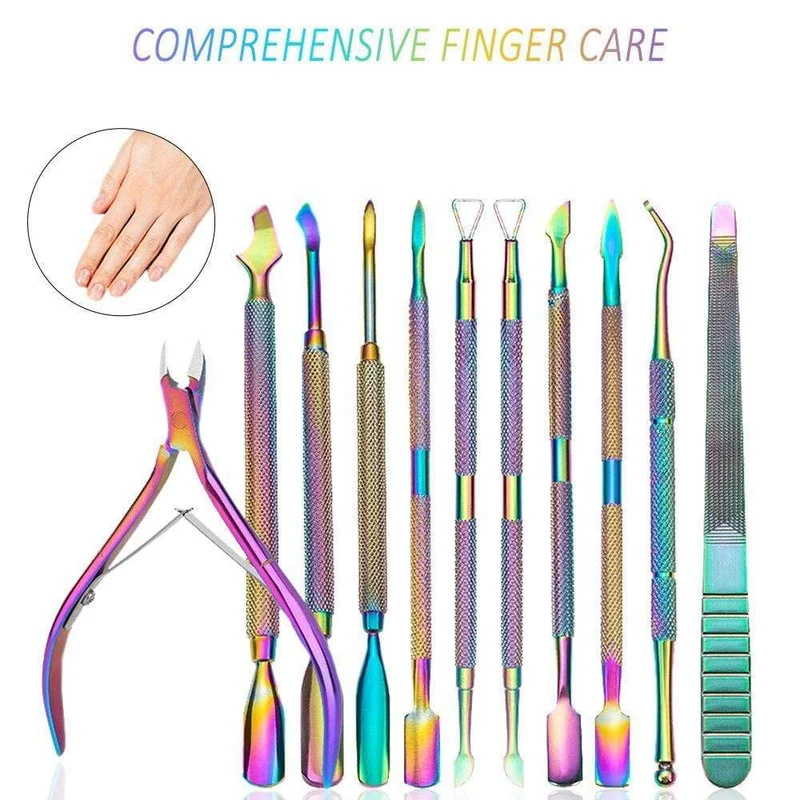 Multi-Typ Regenbogen Edelstahl Nail Art Tools Nagelhautschieber abgestorbene Hautzellen Gabel Gel Entferner Nipper Pinzette Pediküre Maniküre Set