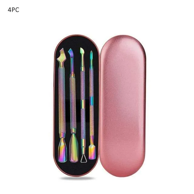 Multi-Typ Regenbogen Edelstahl Nail Art Tools Nagelhautschieber abgestorbene Hautzellen Gabel Gel Entferner Nipper Pinzette Pediküre Maniküre Set