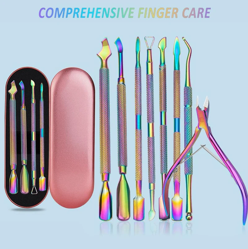 Multi-Typ Regenbogen Edelstahl Nail Art Tools Nagelhautschieber abgestorbene Hautzellen Gabel Gel Entferner Nipper Pinzette Pediküre Maniküre Set