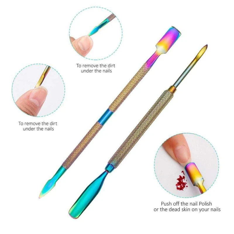 Multi-Typ Regenbogen Edelstahl Nail Art Tools Nagelhautschieber abgestorbene Hautzellen Gabel Gel Entferner Nipper Pinzette Pediküre Maniküre Set
