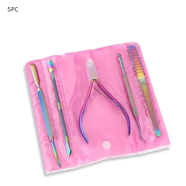 Multi-Typ Regenbogen Edelstahl Nail Art Tools Nagelhautschieber abgestorbene Hautzellen Gabel Gel Entferner Nipper Pinzette Pediküre Maniküre Set