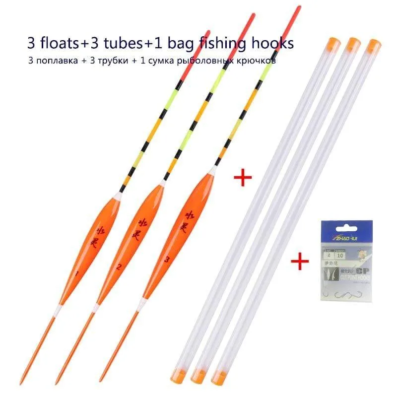 3pcs / lot Flachwasserfischen schwimmt Balsa Bobber + 3pcs Schwimmerrohre + 1 Tasche Angelhaken Süßwasserboje Angelgeräte Werkzeuge