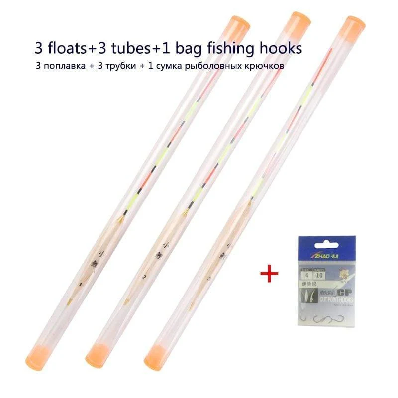 3pcs / lot Flachwasserfischen schwimmt Balsa Bobber + 3pcs Schwimmerrohre + 1 Tasche Angelhaken Süßwasserboje Angelgeräte Werkzeuge