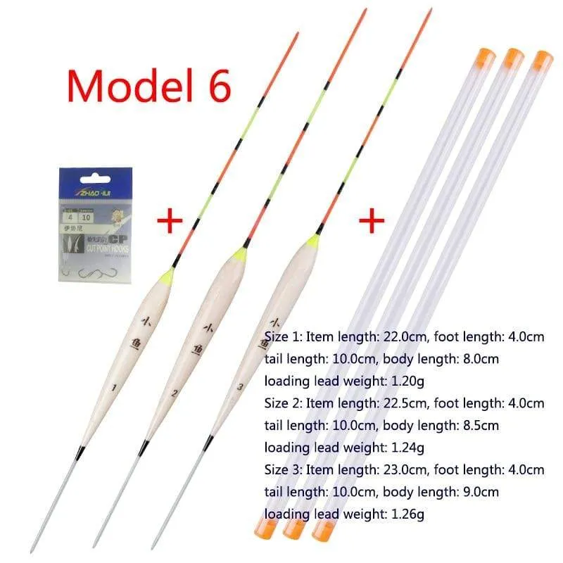 3pcs / lot Flachwasserfischen schwimmt Balsa Bobber + 3pcs Schwimmerrohre + 1 Tasche Angelhaken Süßwasserboje Angelgeräte Werkzeuge