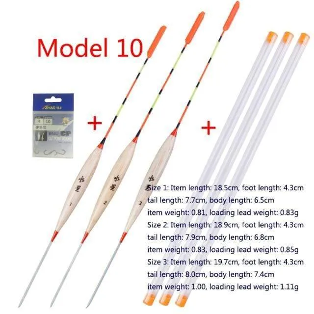 3pcs / lot Flachwasserfischen schwimmt Balsa Bobber + 3pcs Schwimmerrohre + 1 Tasche Angelhaken Süßwasserboje Angelgeräte Werkzeuge