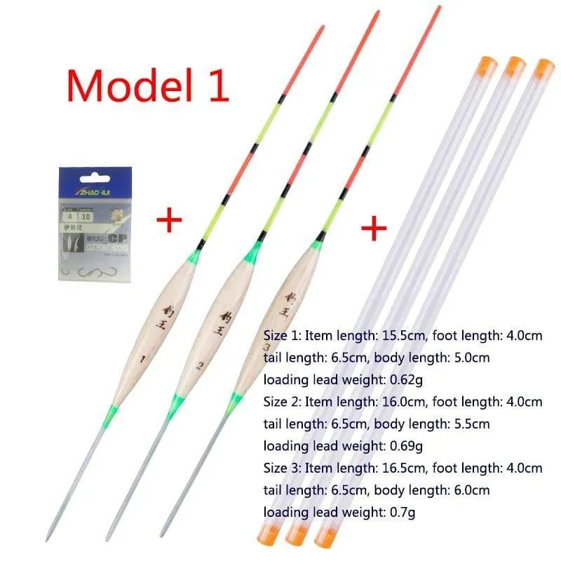 3pcs / lot Flachwasserfischen schwimmt Balsa Bobber + 3pcs Schwimmerrohre + 1 Tasche Angelhaken Süßwasserboje Angelgeräte Werkzeuge