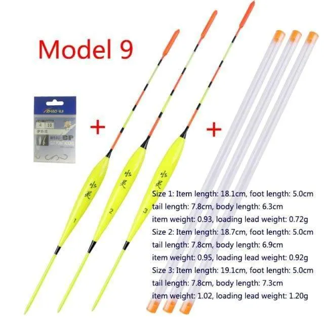 3pcs / lot Flachwasserfischen schwimmt Balsa Bobber + 3pcs Schwimmerrohre + 1 Tasche Angelhaken Süßwasserboje Angelgeräte Werkzeuge