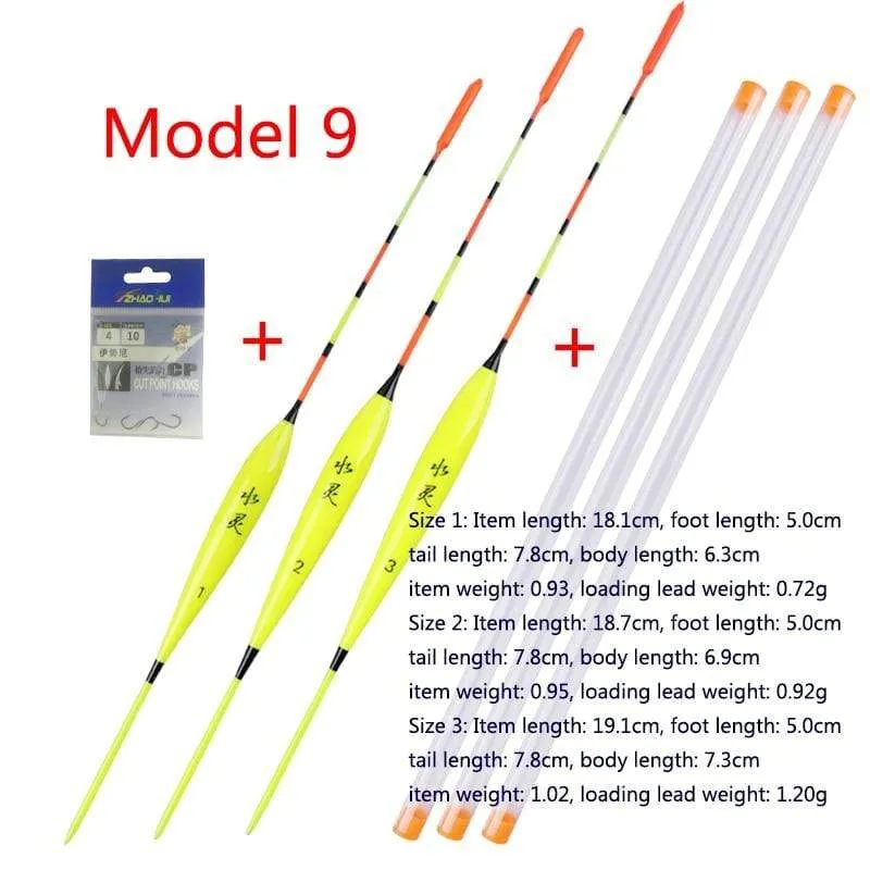 3pcs / lot Flachwasserfischen schwimmt Balsa Bobber + 3pcs Schwimmerrohre + 1 Tasche Angelhaken Süßwasserboje Angelgeräte Werkzeuge