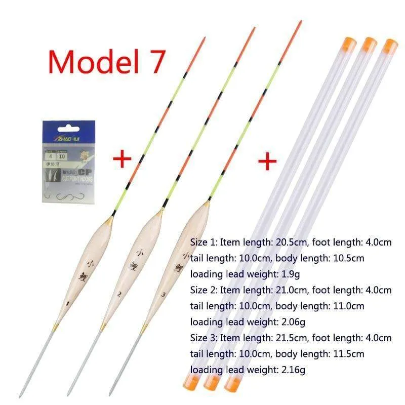 3pcs / lot Flachwasserfischen schwimmt Balsa Bobber + 3pcs Schwimmerrohre + 1 Tasche Angelhaken Süßwasserboje Angelgeräte Werkzeuge