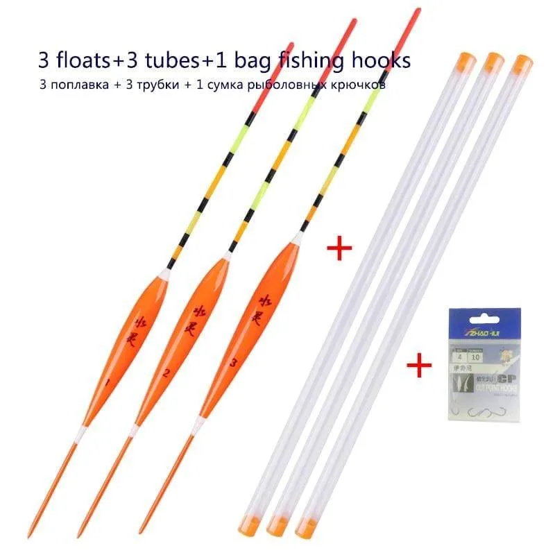3pcs / lot Flachwasserfischen schwimmt Balsa Bobber + 3pcs Schwimmerrohre + 1 Tasche Angelhaken Süßwasserboje Angelgeräte Werkzeuge