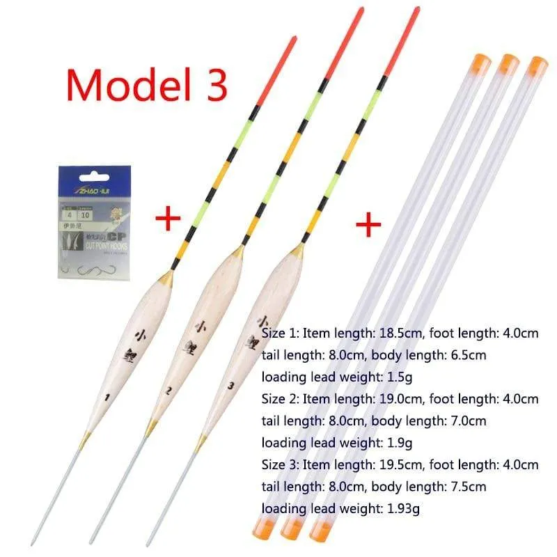 3pcs / lot Flachwasserfischen schwimmt Balsa Bobber + 3pcs Schwimmerrohre + 1 Tasche Angelhaken Süßwasserboje Angelgeräte Werkzeuge