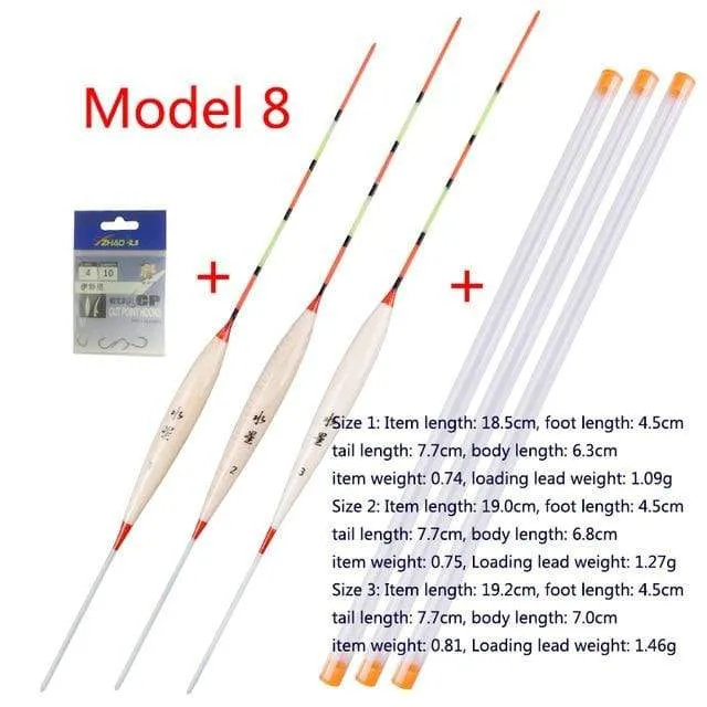 3pcs / lot Flachwasserfischen schwimmt Balsa Bobber + 3pcs Schwimmerrohre + 1 Tasche Angelhaken Süßwasserboje Angelgeräte Werkzeuge