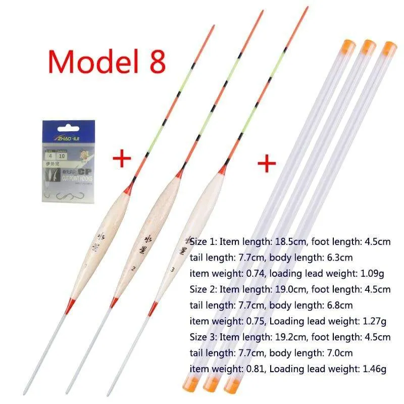 3pcs / lot Flachwasserfischen schwimmt Balsa Bobber + 3pcs Schwimmerrohre + 1 Tasche Angelhaken Süßwasserboje Angelgeräte Werkzeuge