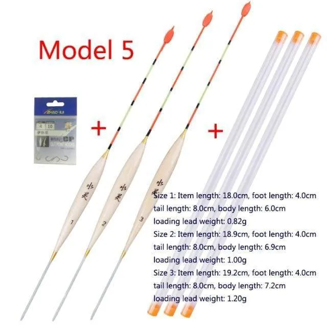 3pcs / lot Flachwasserfischen schwimmt Balsa Bobber + 3pcs Schwimmerrohre + 1 Tasche Angelhaken Süßwasserboje Angelgeräte Werkzeuge