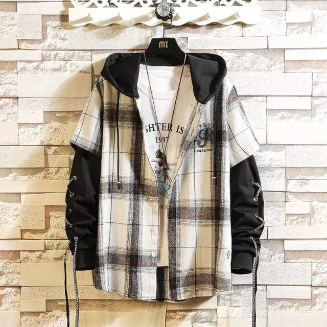 Plaid Hoodie Sweatshirt Männer Flanell Fleece Stil Hip Hop High Street Casual Strickjacke Langarm