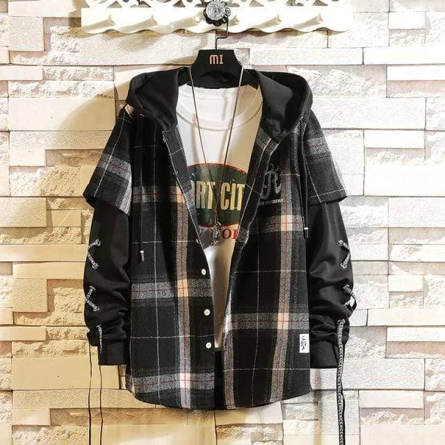 Plaid Hoodie Sweatshirt Männer Flanell Fleece Stil Hip Hop High Street Casual Strickjacke Langarm