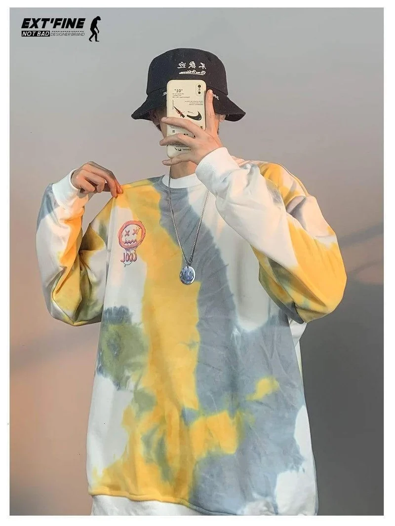 Koreanische Batik-Sweatshirts für Männer Übergroße Hoodies Hip Hop Smile Face Printed Man Casual Baggy Sweatshirt Kleidung