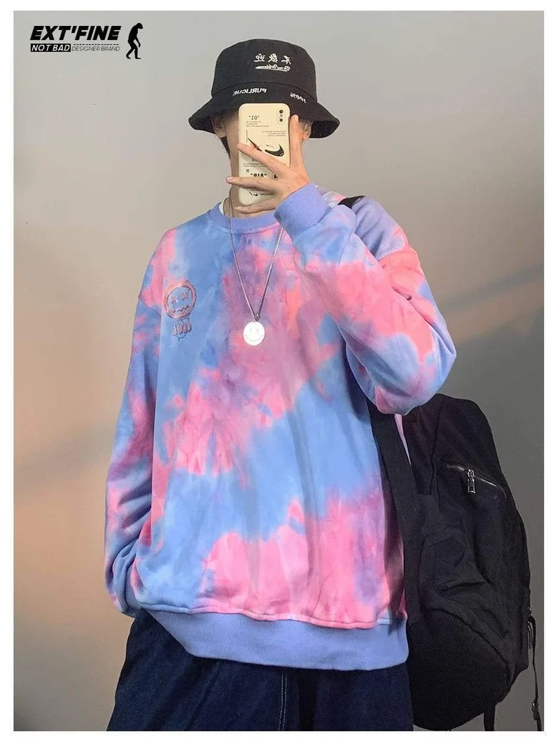 Koreanische Batik-Sweatshirts für Männer Übergroße Hoodies Hip Hop Smile Face Printed Man Casual Baggy Sweatshirt Kleidung