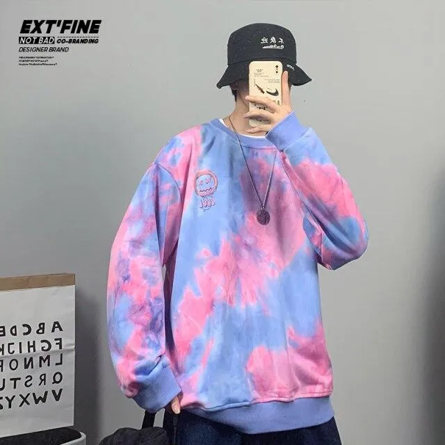 Koreanische Batik-Sweatshirts für Männer Übergroße Hoodies Hip Hop Smile Face Printed Man Casual Baggy Sweatshirt Kleidung