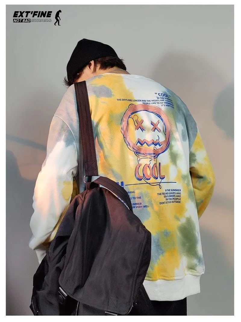 Koreanische Batik-Sweatshirts für Männer Übergroße Hoodies Hip Hop Smile Face Printed Man Casual Baggy Sweatshirt Kleidung