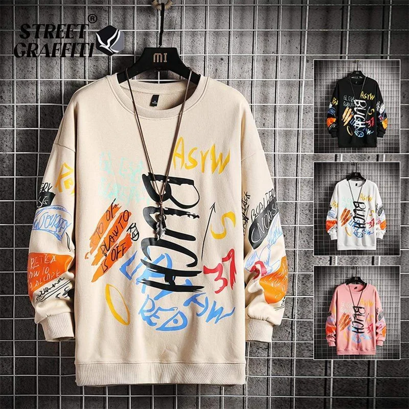 Männer Casual Hoodie Sweatshirt Vintage Gemalt Stil Hip Hop Kreativität Herbst Streetwear 2021 Mode Crewneck Baumwolle Männer Hoodies