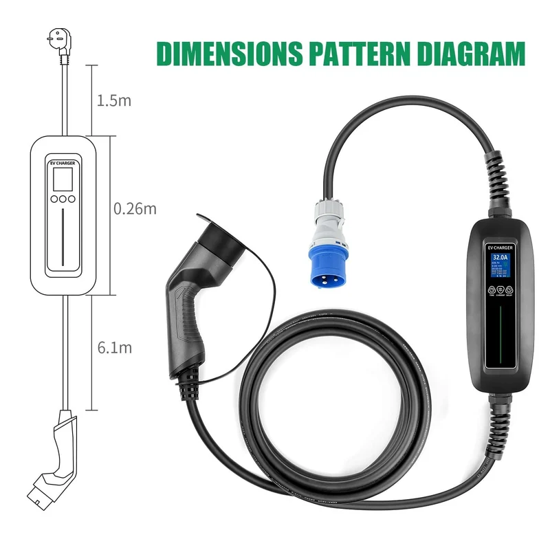 EV-Ladegerät Typ 2 umschaltbar 8/16/24/32 A 1-phasiges tragbares EV-Ladeboxkabel IEC 62196-2 für EVSE-Elektrofahrzeug für Audi