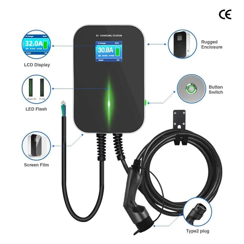 EVSE APP Control Ladegerät Wallbox 32A 1Phase 7.2 KW EV Elektrofahrzeug Ladestation mit Typ 2 6.1 M Kabel IEC 62196-2 Stecker