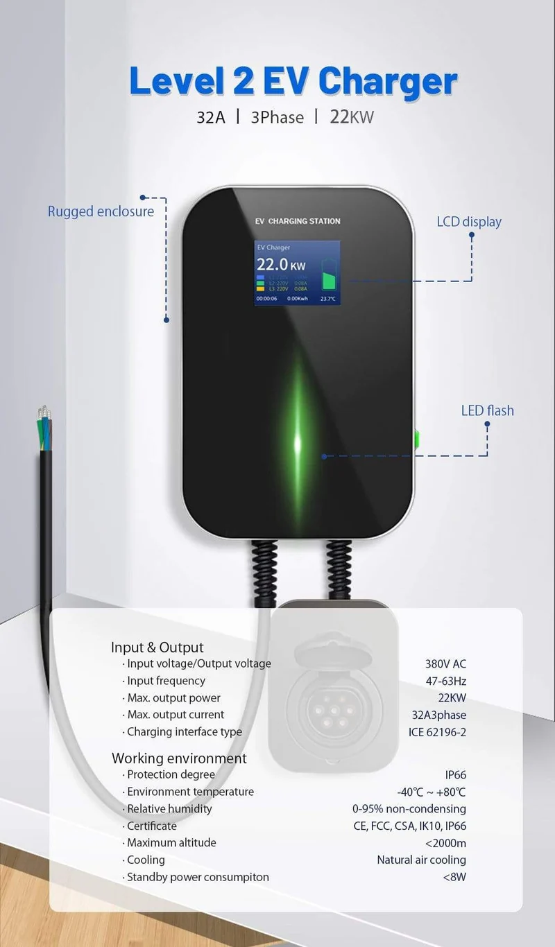 IEVISON 32A 3-Phasen-22-kW-EV-Ladegerät Wallbox Ladestation für Elektrofahrzeuge Typ 2-Buchse IEC 62196-2 mit kostenlosem Halter