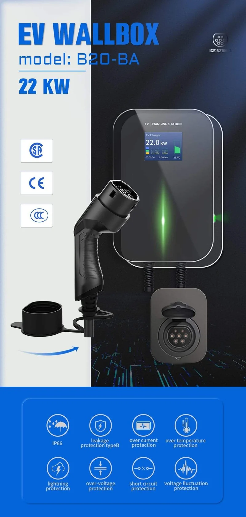 IEVISON 32A 3-Phasen-22-kW-EV-Ladegerät Wallbox Ladestation für Elektrofahrzeuge Typ 2-Buchse IEC 62196-2 mit kostenlosem Halter