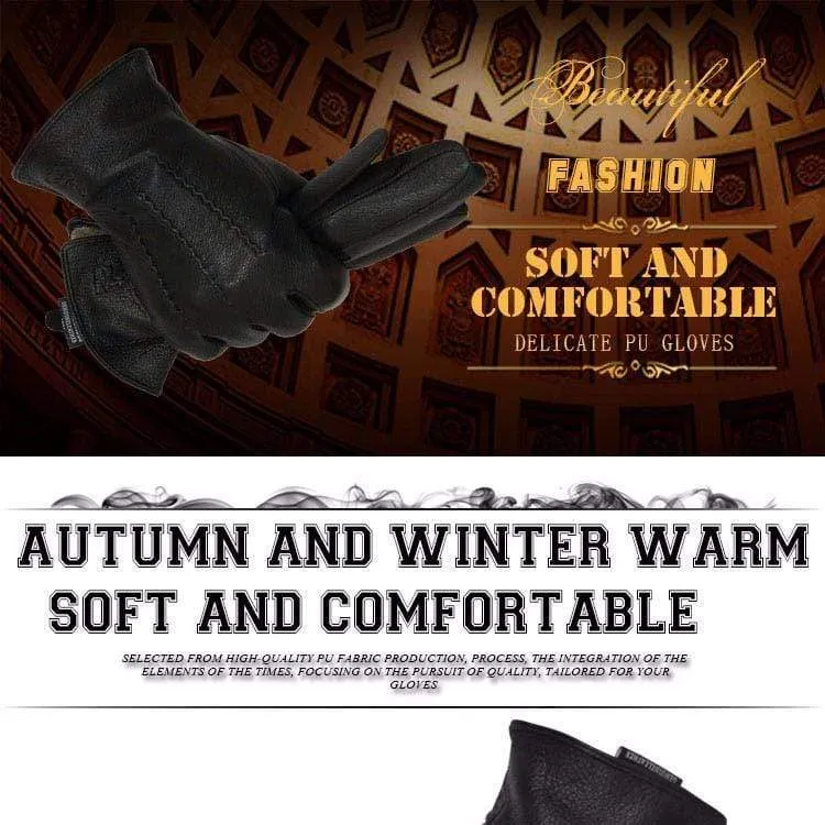 Winterhandschuhe aus Hirschleder für Herren, warm, weich, schwarzes Nähdesign, Herren-Fäustlinge imitieren Kaninchenhaar, 70 % Wollfutter-07