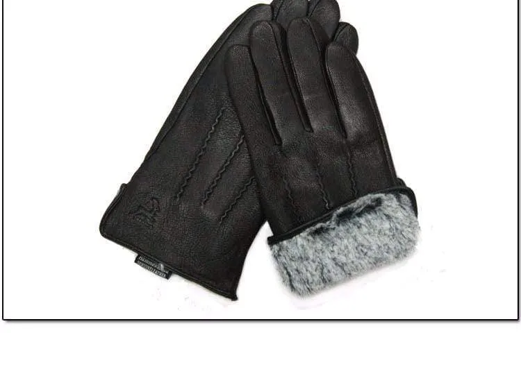 Winterhandschuhe aus Hirschleder für Herren, warm, weich, schwarzes Nähdesign, Herren-Fäustlinge imitieren Kaninchenhaar, 70 % Wollfutter-07