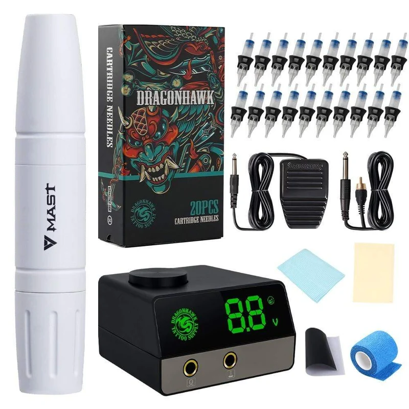 Mast Magi Makeup Rotary Tattoomaschine mit zwei Strichen, Stift, LCD-Stromversorgungsset mit Silikonhülle, Patronennadelset