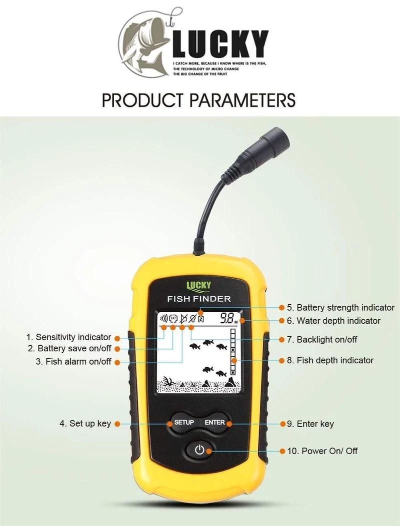 LUCKY FF1108-1 Tragbarer Fischfinder Eisfischen Sonar Sounder Alarmgeber Fischfinder 0.7-100m Angeln Echolot