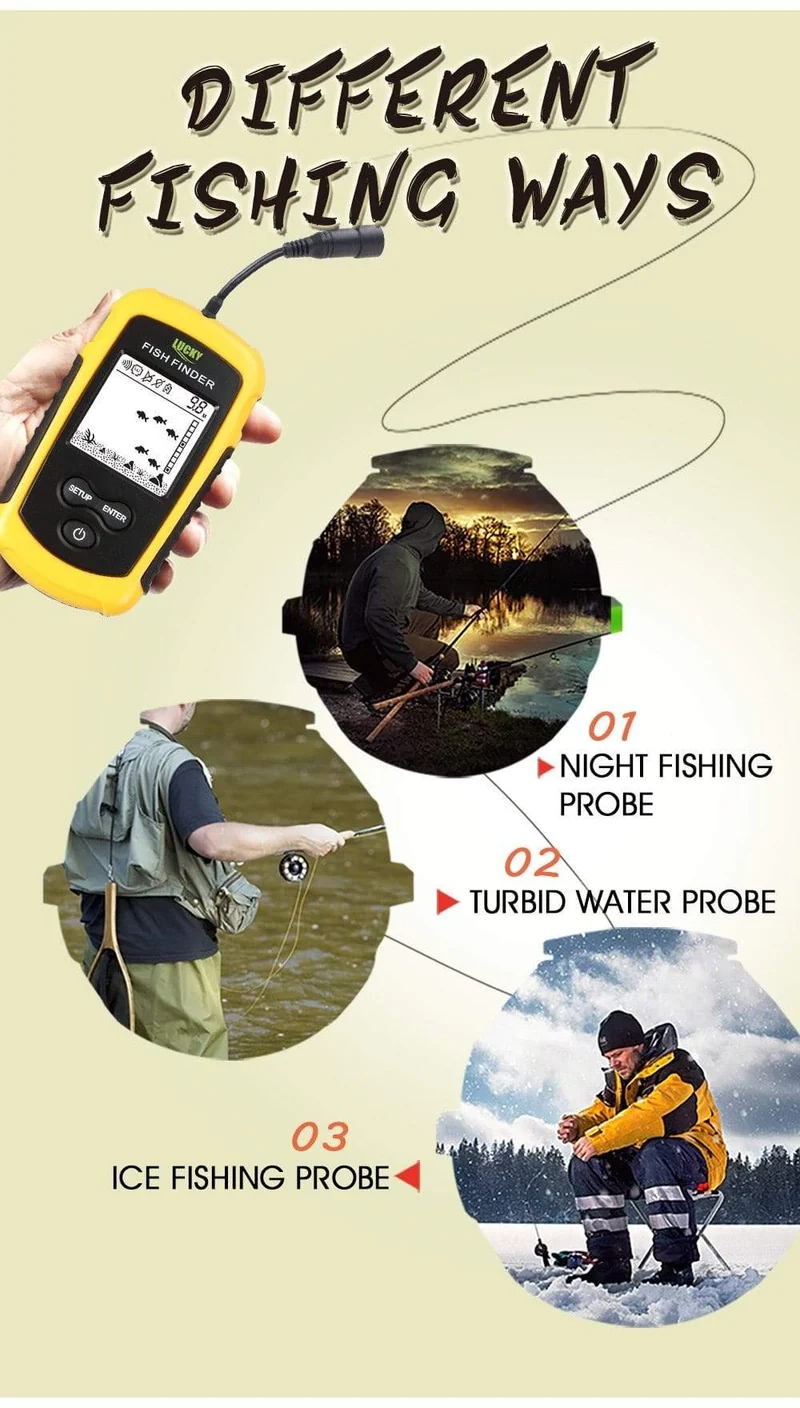 LUCKY FF1108-1 Tragbarer Fischfinder Eisfischen Sonar Sounder Alarmgeber Fischfinder 0.7-100m Angeln Echolot