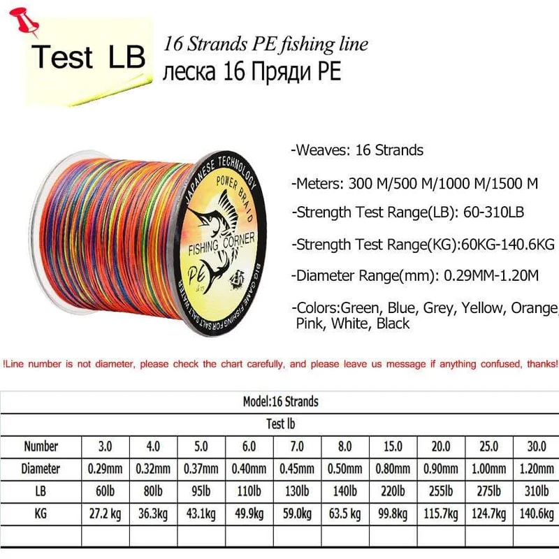 16 Stränge PE-Geflecht, 300 m/500 m/1000 m/1500 m, geflochtene Angelschnur, mehrfarbig, Super Power Japan, Multifilament, Salzwasser/Süßwasser