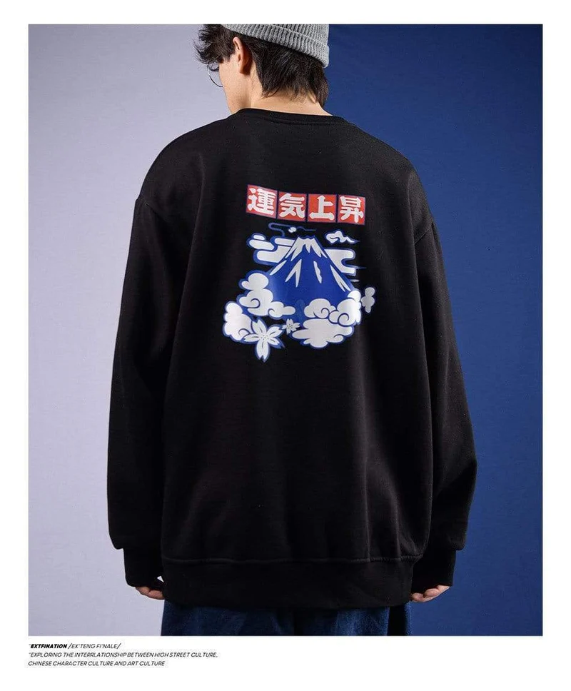 Japanische Glücksfleece-Sweatshirts für Herren, warme Hoodies, Wolkendruck, übergroße Winterpullover, Harajuku-Sweatshirts für Herren