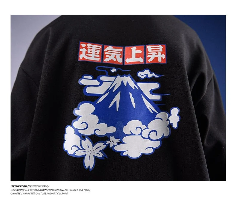 Japanische Glücksfleece-Sweatshirts für Herren, warme Hoodies, Wolkendruck, übergroße Winterpullover, Harajuku-Sweatshirts für Herren