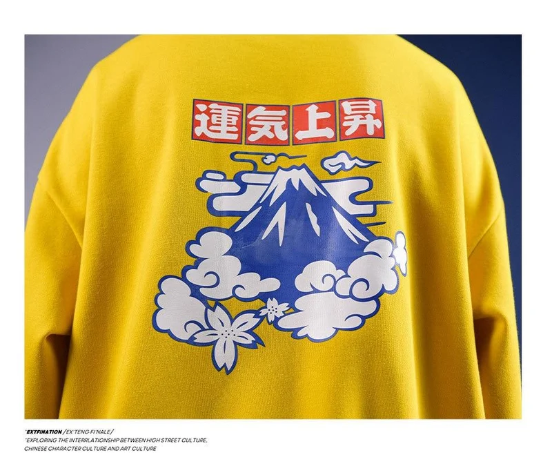 Japanische Glücksfleece-Sweatshirts für Herren, warme Hoodies, Wolkendruck, übergroße Winterpullover, Harajuku-Sweatshirts für Herren