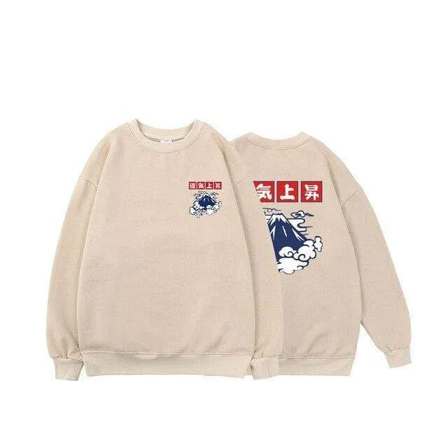 Japanische Glücksfleece-Sweatshirts für Herren, warme Hoodies, Wolkendruck, übergroße Winterpullover, Harajuku-Sweatshirts für Herren