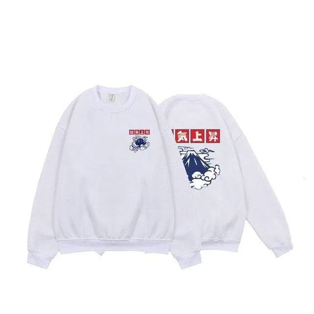 Japanische Glücksfleece-Sweatshirts für Herren, warme Hoodies, Wolkendruck, übergroße Winterpullover, Harajuku-Sweatshirts für Herren