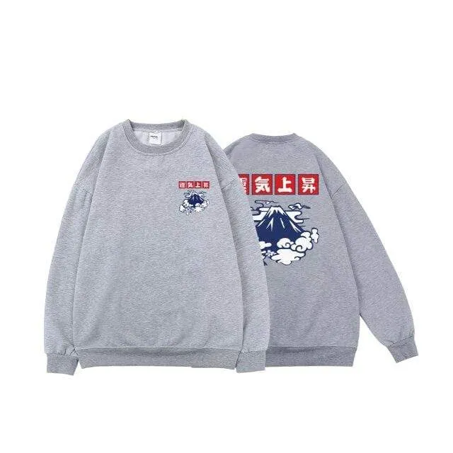 Japanische Glücksfleece-Sweatshirts für Herren, warme Hoodies, Wolkendruck, übergroße Winterpullover, Harajuku-Sweatshirts für Herren