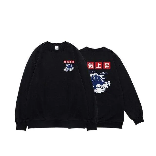 Japanische Glücksfleece-Sweatshirts für Herren, warme Hoodies, Wolkendruck, übergroße Winterpullover, Harajuku-Sweatshirts für Herren