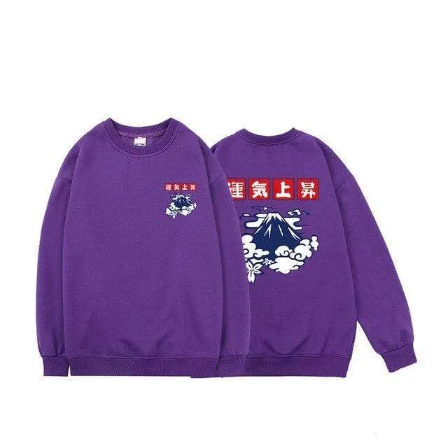 Japanische Glücksfleece-Sweatshirts für Herren, warme Hoodies, Wolkendruck, übergroße Winterpullover, Harajuku-Sweatshirts für Herren