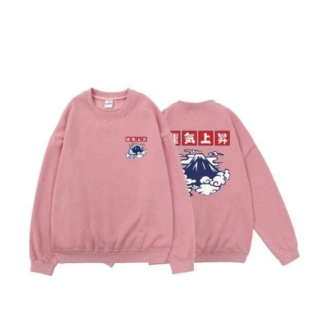 Japanische Glücksfleece-Sweatshirts für Herren, warme Hoodies, Wolkendruck, übergroße Winterpullover, Harajuku-Sweatshirts für Herren