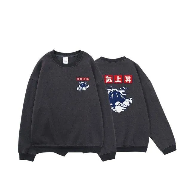 Japanische Glücksfleece-Sweatshirts für Herren, warme Hoodies, Wolkendruck, übergroße Winterpullover, Harajuku-Sweatshirts für Herren