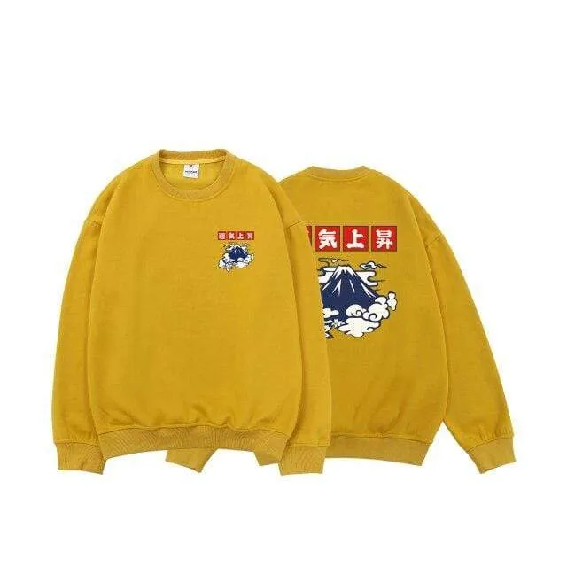 Japanische Glücksfleece-Sweatshirts für Herren, warme Hoodies, Wolkendruck, übergroße Winterpullover, Harajuku-Sweatshirts für Herren